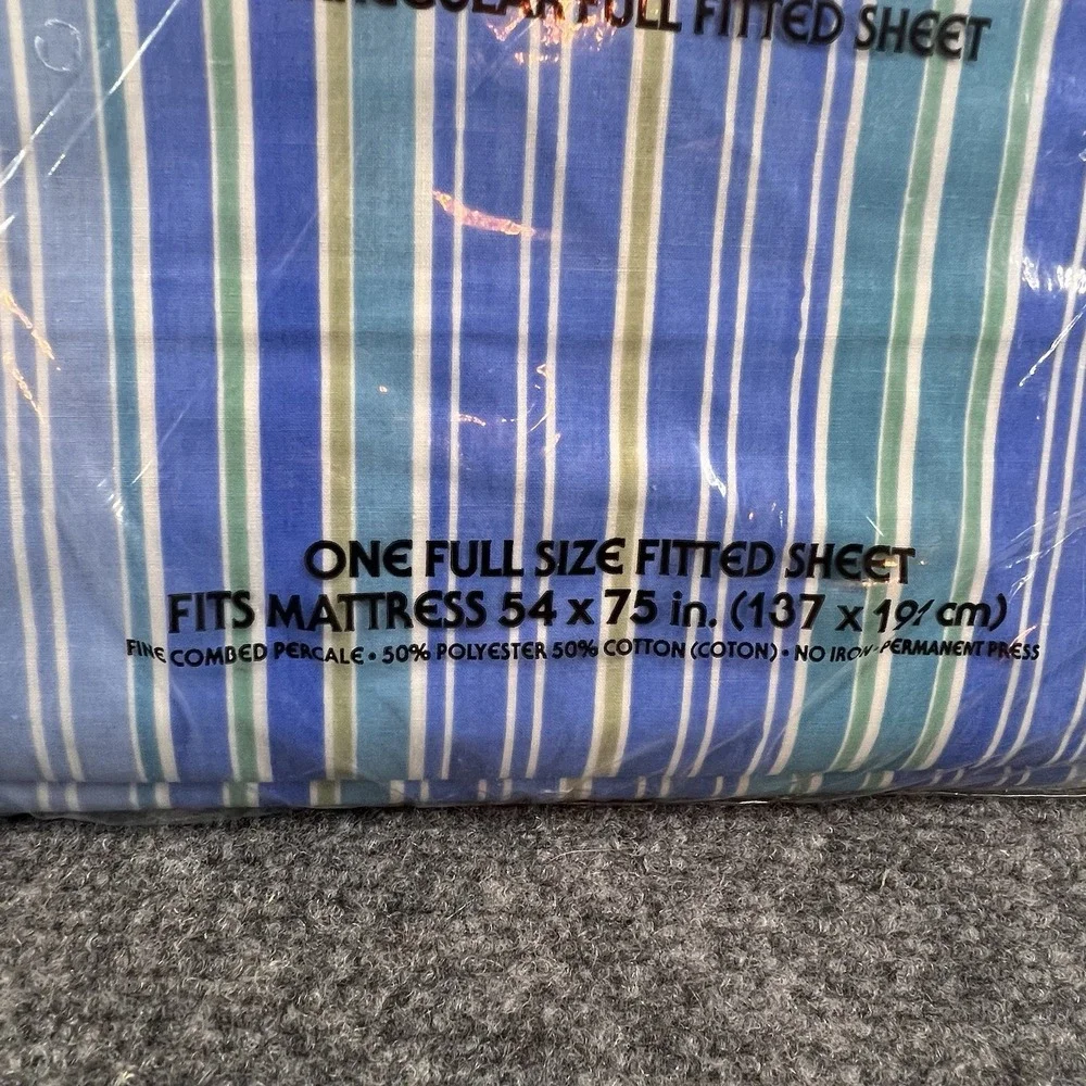 Full Size New Vintage Sheet Set Blue & White Stripes Sleepwell Fitted Flat Cases